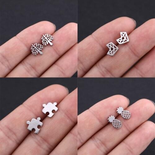 COOLTIME jigsaw fox Life Tree Plane Heartbeat Cactus Tooth Boho Small Stainless steel ear nails earrings For Men Women Gift