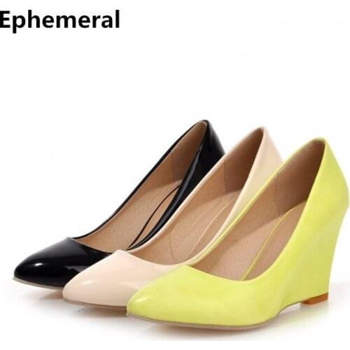 Female Plus Floral Size 11 12 Patent Leather Pointed Toe Wedges Thick Single High Heels Stilettos Shoes Women Pumps Slip- On OL