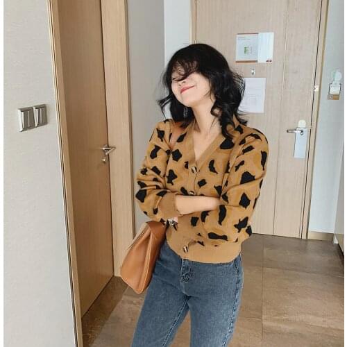 2021 Womens Leopard Print Cardigan Top Za Woman Coat Sweater Korean Fashion Y2k Blouse Vest Female Clothing Jacket Long Sleeve