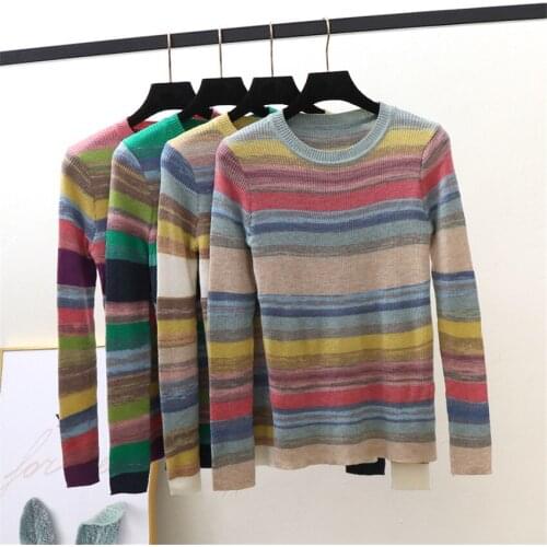 Autumn Winter Rainbow Striped Sweater Knitted Pullover Women O-Neck Sweaters Korean Fashion Pull Femme Knitwear Underwear