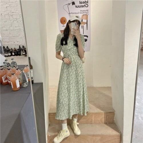 Womens summer sexy fashion bubble sleeve lace high split long skirt retro Korean elegant floral Drawstring woman dress