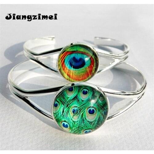 12pcs /lot (Mixed 6 styles) Jiangzimei Peacock feathers bangle bracelet Cartoon silver bracelets Glass Round Dome bracelet