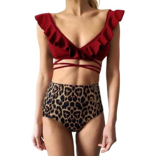 Leopard Print Bikini 2020 High Waist Bikini Sexy Solid Brazilian Bikini Ruffle Top Biquini Push Up Swimwear Red Black Swimsuit