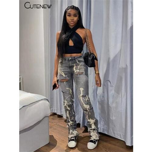 Cutenew Fashion Printing Straight Hole Broken Women Jeans Spring Skinny Casual High Waist Pants Streetwear Bodycon Lady Trousers
