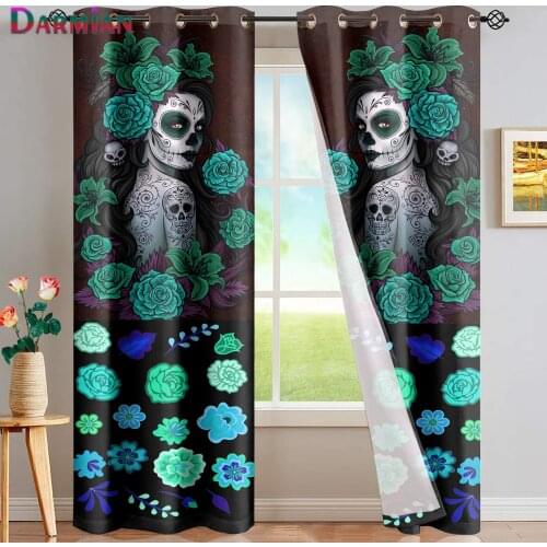 DARMIAN Sugar Skull Day Of The Dead Design Green Window Curtain Multicolor Personality European Style Bedroom Blackout Curtains
