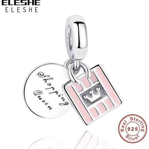 ELESHE Wholesale Pink Crystal Queen Crown Dangle Charm 100% 925 Sterling Silver Words Bead Fit Original Bracelets
