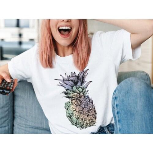Hawaiian Rainbow Pineapple Summer Shirt Fashion Girl Casual 100%Cotton Round Neck Female Shirt Streetwear Short Sleeve Top Tees