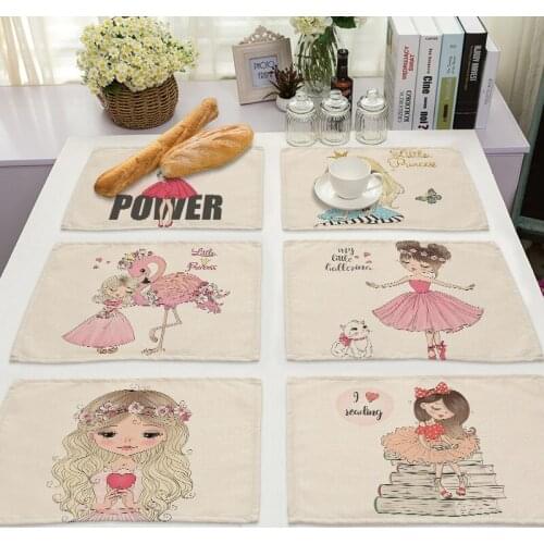 1Pcs Cute Girl Cotton Linen Pad Pattern Kitchen Placemat Kawaii Coaster Bowl Cup Mat Dining Table Mats 42*32cm Home Decor PM0044