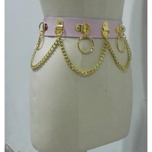 Customized Handmade Unisex Men Women Pink Gold Leather Waist Belt Heavy Duty Gothic Bondage Circle Metal Chain Link Waist Strap