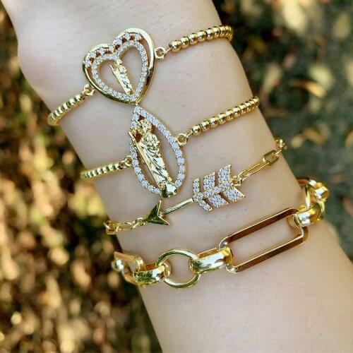 KEJIALAI White CZ Virgin Marry Heart Jewelry For Women Charm Gold Copper Dainty Link Adjustable Bracelet For Her Statement Gift