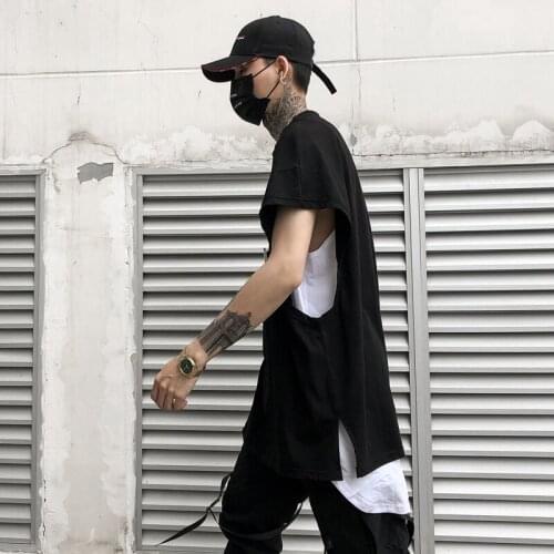 High street sleeveless tank top men Loose O neck Hiphop Punk style Split side Black color Summer