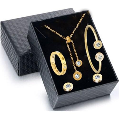 Crystal Zircon Necklace Earring Bracelet Ring Set For Women Never Fade 316L Stainless Steel Wedding Jewelry Set Gift Box