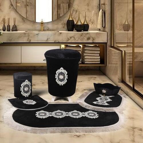Bonny Home Shems Black 6 Pieces Laundry Basket Set & Bath Mat Set Organizer Dirty Clothes Storage and Bathroom Rugs