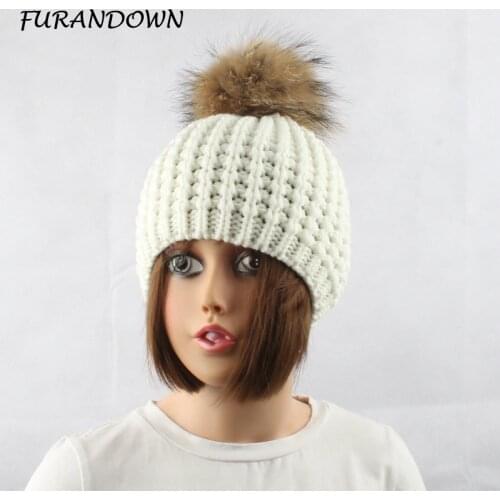 FURANDOWN 2019 New Fashion Winter Cap Autumn Hat For Women Fur Pompom Beanie Hat Warm Crochet Skullies Beanies