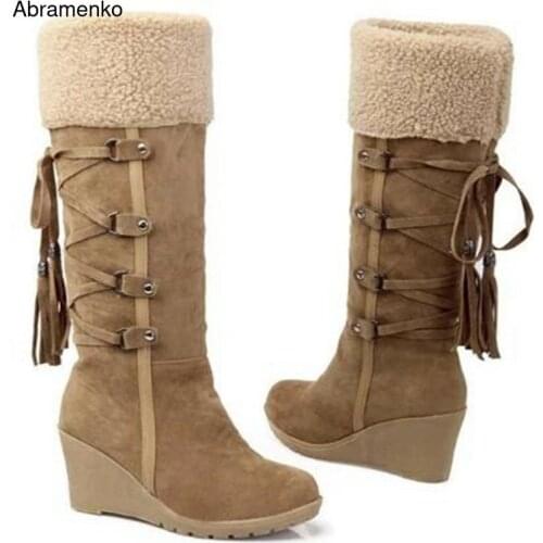 Shoes For Women Knee-High Boots Snow Boots Winter Warm Fur wedge Thick Bottom Black Boots Shoes Female Shoes Plus Size 35-43