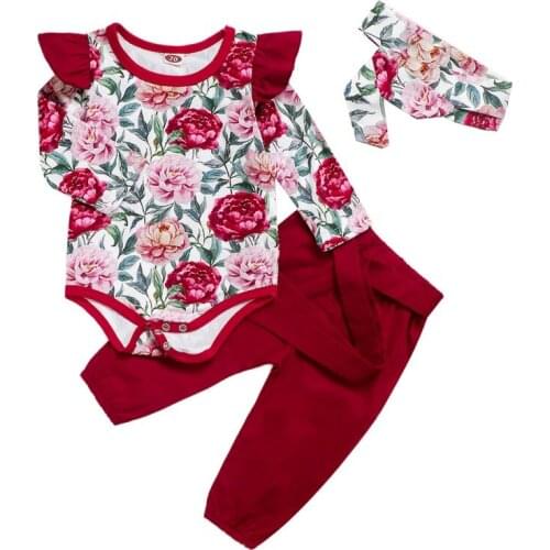 Newborn Baby Girl Clothes Infant Baby Girl Sets Flower Print Romper+ Pants+Hairband Baby Girl Outfits Toddler Kids Sets