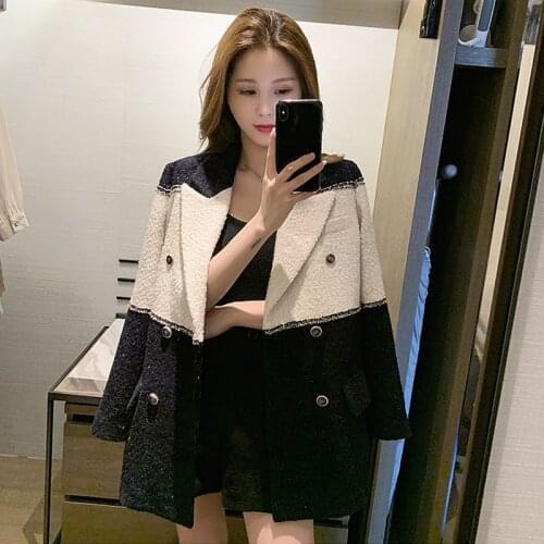 2021Autumn And Winter Elegant Black And White Stitching Suit Jacket Retro Plus Size Ladies High Street Long-sleeve Female Jacket