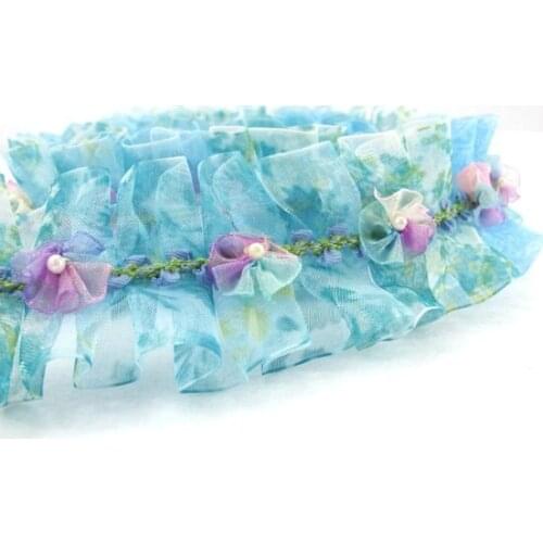 Pleated Trim|w Rococo Flower Trim|1 1/2 Inches Pleated Ombre Printed Chiffon Trim|Organza Chiffon Trim|Retro Handmade Supplies