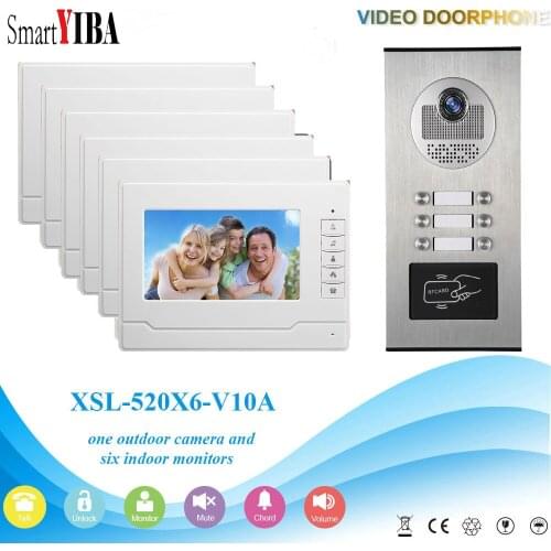 SmartYIBA RFID Access Control Camera Intercom Wired 7"Inch Monitor Video Intercom Door Phone Doorbell System For 6 Apartment