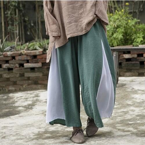 Johnature Women Wide Leg Pants Cotton Elastic Waist Patchwork Color Pockets 2021 Spring New Loose Quality Casual Soft Pants