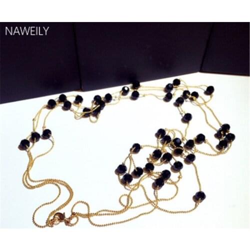 NAWEILY Three-layer Imitation Pearl Sweater Chain Necklaces For Women Gold Metal Long Necklace Exquisite Black Beads Necklace