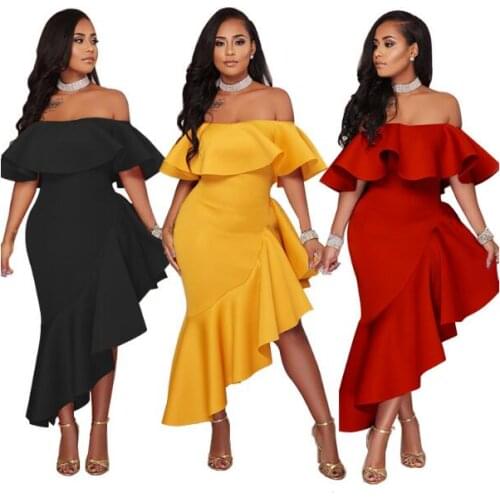 Women Autumn Winter Off the Shoulder Mermaid Dress Long Sleeve Slash Neck Ruffle Sexy Elegant Evening Prom Party Dresses