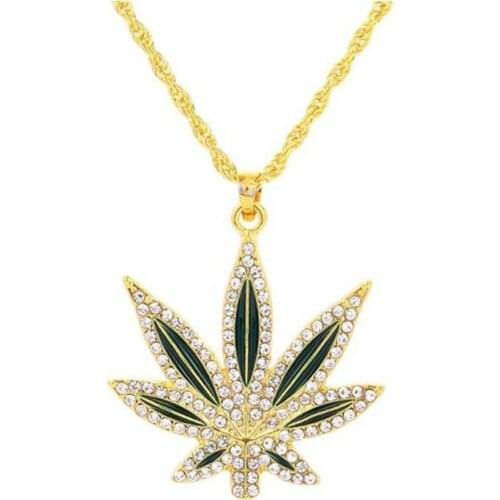 ZK20 Mens Fashion 18K Gold Plated Punk Hip Hop Big Maple Leaf Diamond Pendant Necklace Men Silver Chain Jewelry