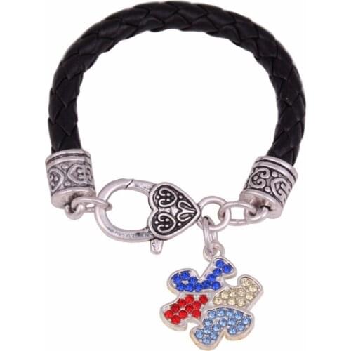 15CM leather Lobster Claw Children Bracelet Hope Multi-Colored Crystal Autism Awareness puzzle Piece Pendant Bracelets