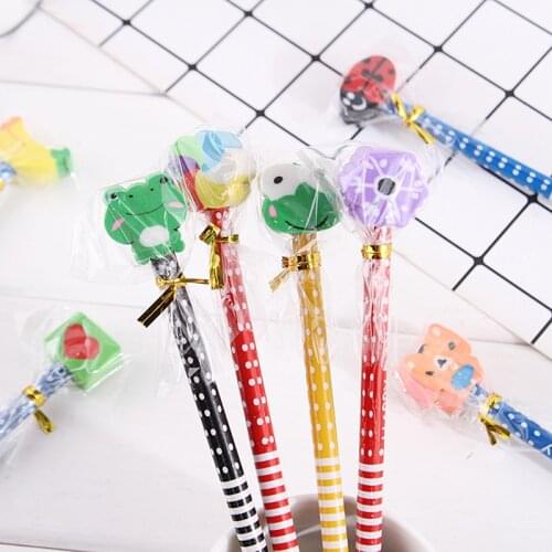50pcs kawaii wood pencil cute cartoon pencil with eraser for kids school items pencil HB free shipping