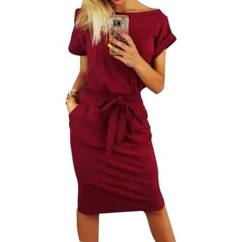 80%HOT Chic Women Sexy Short Sleeve Round Neck Slim Waistband Pocket Bodycon Midi Dress