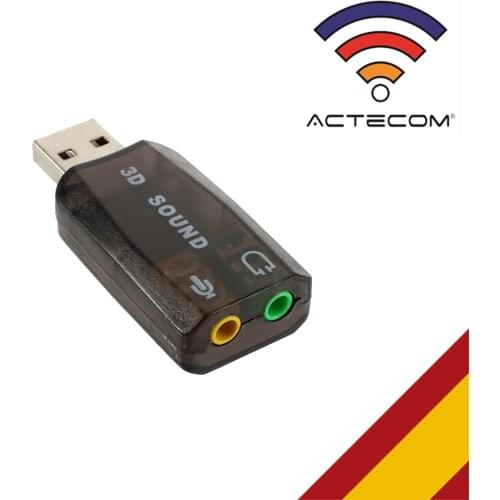 ACTECOM Tarjeta de Sonido Externa USB 3D 5.1 Entrada Audio Salida Mic Micro Micrófono Negra Adaptador Extraíble Jack 3,5mm TRS