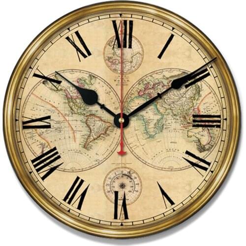 Antique Wooden World Map Roman Numerals Noiseless Quartz Mechanism Wall Art Living Room Decor Clock