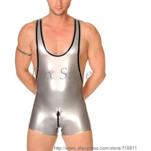 Free shipping latex catsuit with bottom zip through crotch for men sliver color jumpsuit fox style