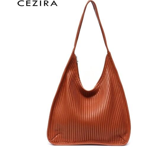CEZIRA 2020 Fashion PU Leather Shoulder Bag For Women Brand Design Striped Hobo Casual Daily Female Large Vegan Leather Handbags