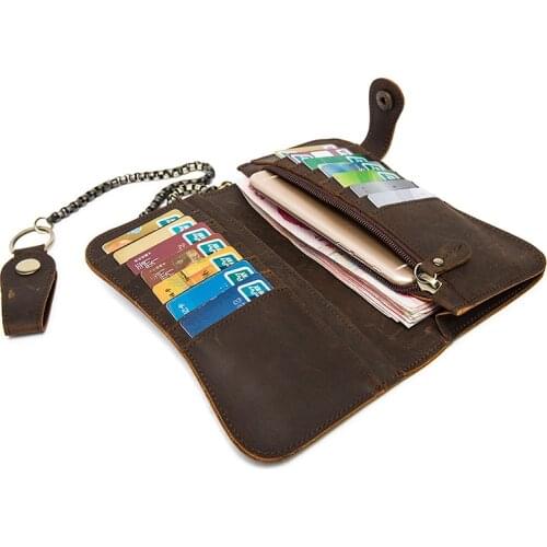 EASYANT Crazy Horse Leather Long Wallet Retro Mens Leather Chain Anti-theft Wallet Clutch Business Wallet