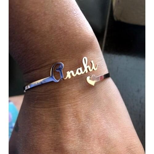 Customized Name Bracelet Heart Bangle Jewelry Set Adjustable Open Initial Letters Bracelets Nameplate Jewelry Gift