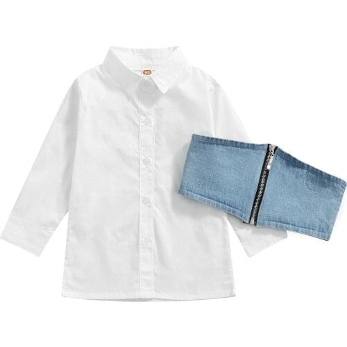 Lovely Kids Baby Girls Long Shirt Set, Long Sleeve Lapel Collar Buttoned Shirt Zipper Bust Bandage Crop Tops 1-6T