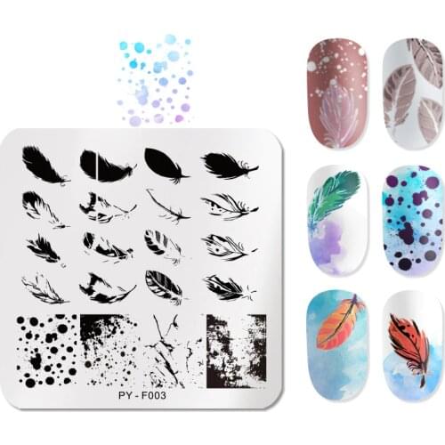 PICT YOU Square Nail Stamping Plate Overprint Feather Patterns Mixed Styles Stainless Steel Nail Art Design Tools F003