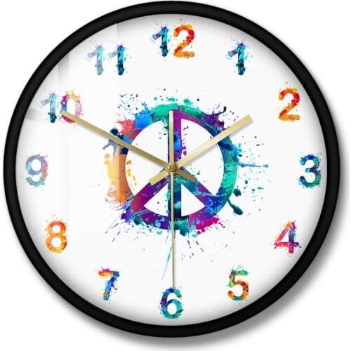 Peace Symbol Wall Clock Peace and Love In Watercolor Splashes Decorative Home Decor Hanging Silent Wall Watch Housewarming Gift