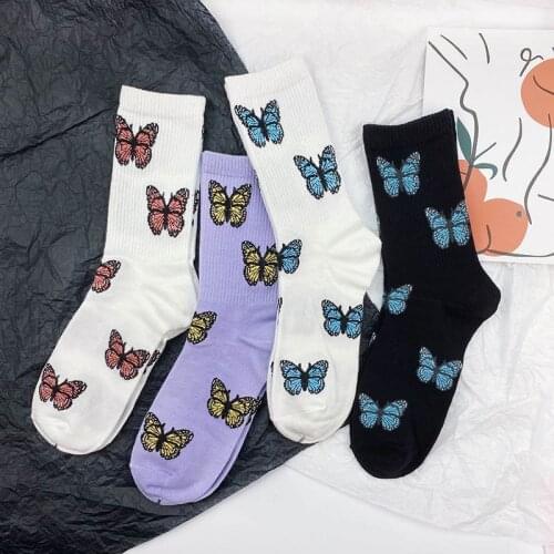 Q Harajuku Cartoon Butterfly Cotton Socks Women Casual Sports Long Tube Sock Trend Street Skateboard Socks Men Breathable