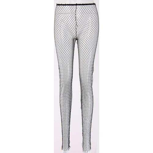New Crystal Diamond Shiny Women Long Pants Summer Sexy Hollow Out Elastic Fishnet Trousers Fashion See Through Beachwear Pant