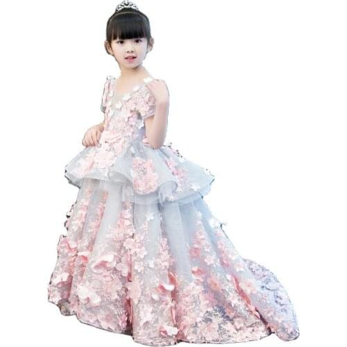 New Pink Flower Girls Dresses Long Sleeves Lace Appliques vestidos de noiva Formal Party Gowns For Girls