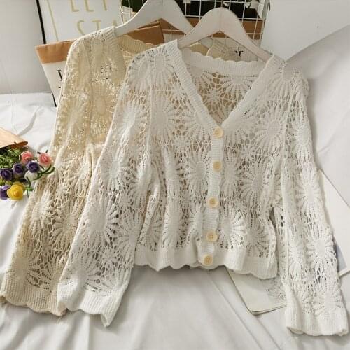 Pearl Diary Women Crochet Cardigan Long Sleeve Flower Pattern Sweet Cotton Beach Cover Up Tops Buttons Korean Style Lace Tops