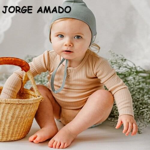 2021 New Autumn Kids Girls Boys Pajamas Sets Long Sleeves Solid Color Waffle Bodysuit + Leggings Newborn Clothes E1413