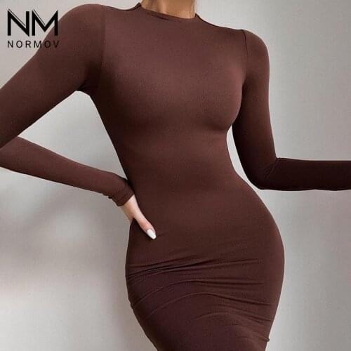 NORMOV Spring and Autumn Dress Women Round Neck Full Sleeve Slim Long Dress Skinny Sexy Fashion Casual Dresses for Women 2021