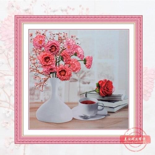 Needlework,DIY Ribbon Cross stitch Set for Embroidery kit, table vase floral flower ribbon Cross-Stitch handwork wedding decor