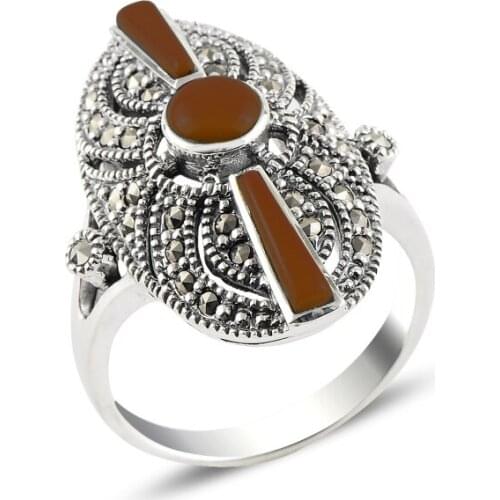 Silver 925 Sterling Red Agate & Marcasite Ring