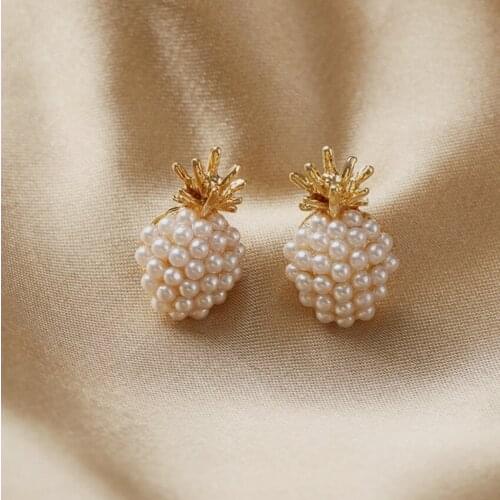 FYJS Unique Light Yellow Gold Color Pineapple Shape Imitation Pearl Stud Earrings for Women Jewelry