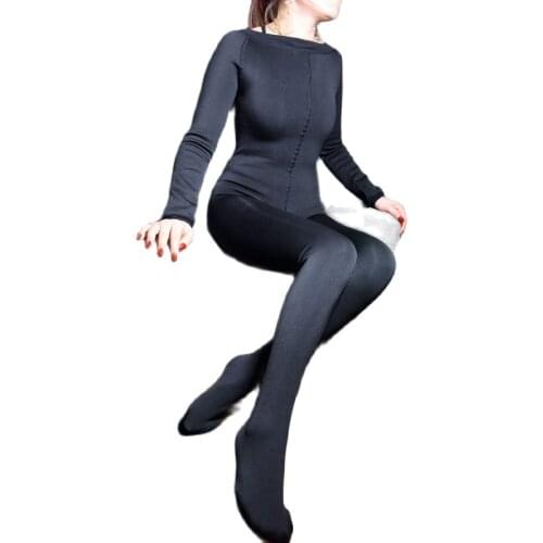 Unisex Thin Fleece Warm Long Sleeve Zipper Open Crotch Bodysuit Rompers Jumpsuit Overalls Sexy Combinasion Catsuit Bodystocking