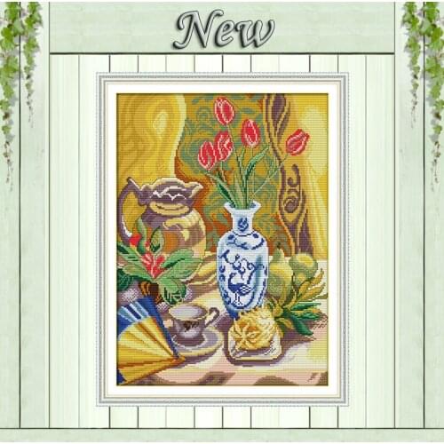 Afternoon tea time flower vase,11CT Counted printed on Canvas DMC 14CT Cross Stitch Embroider kit,Needlework Set,Home wall Decor